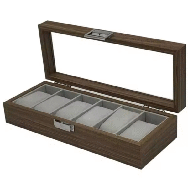 Porta Relojes de Madera con 6 Compartimentos y Tapa de Cristal